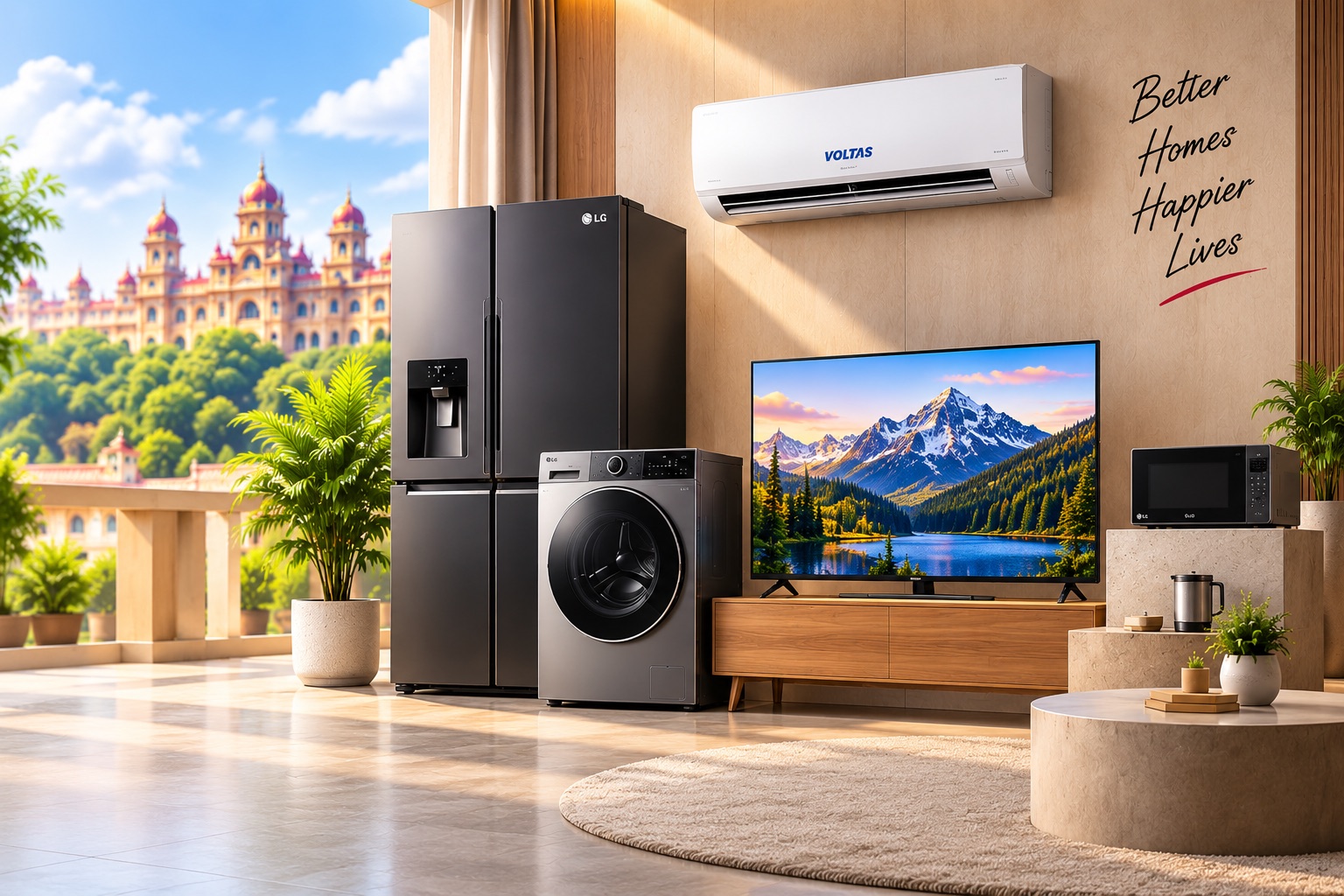 LG refrigerator, washing machine, TV and Voltas air conditioner in a modern Mysuru home